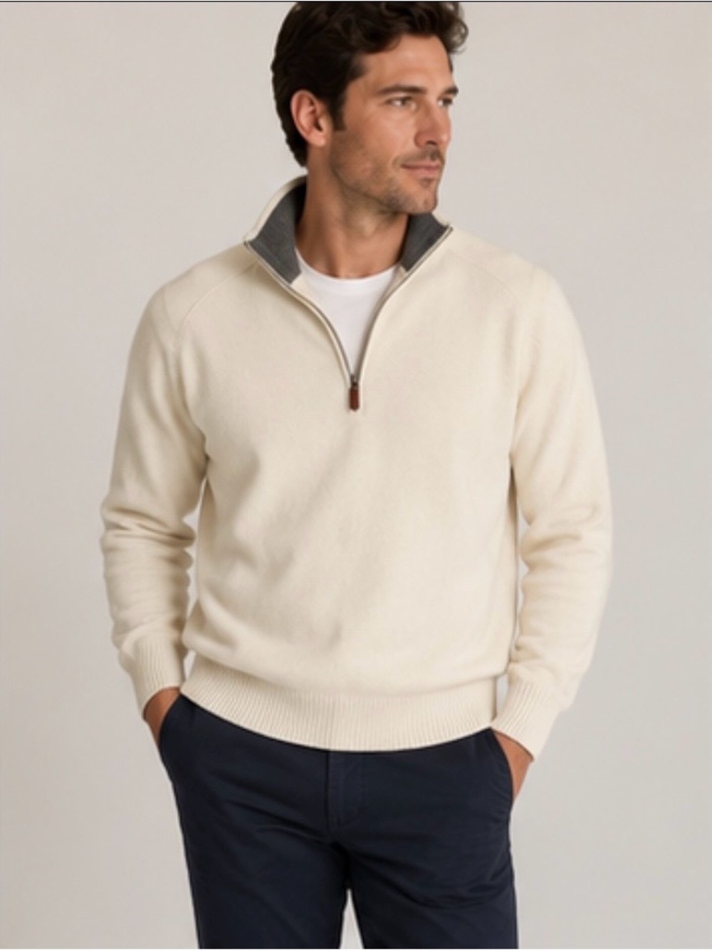 Oscar De La Renta Men's Cream Quarter-Zip Sweater